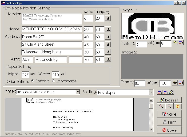 MemDB Envelope Printing System Screenshot